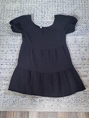 100% Cotton Black Midi Dress with Puff Sleeves